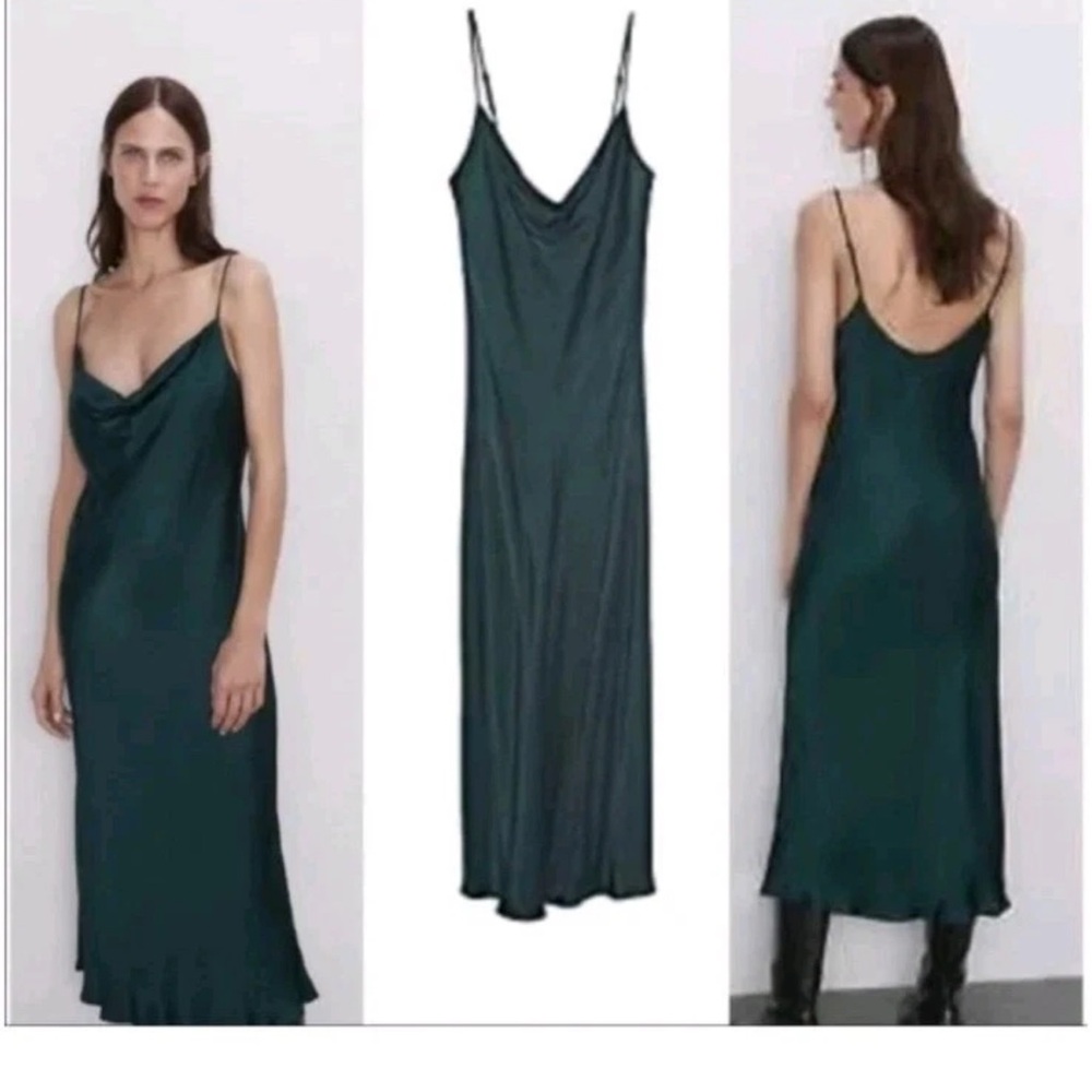Zara Dark Green Elegant Spaghetti Satin Dress